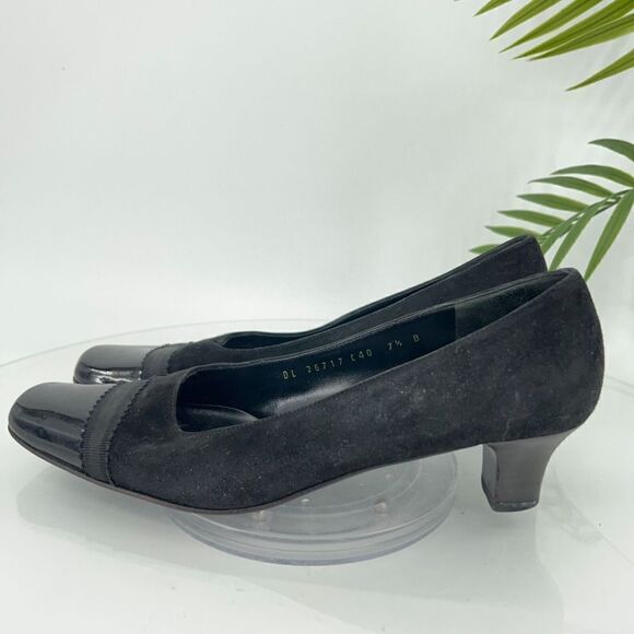 Salvatore Ferragamo Pump Women Size 7.5 B Black Suede Patent Cap Toe Square Toe - Picture 7 of 14